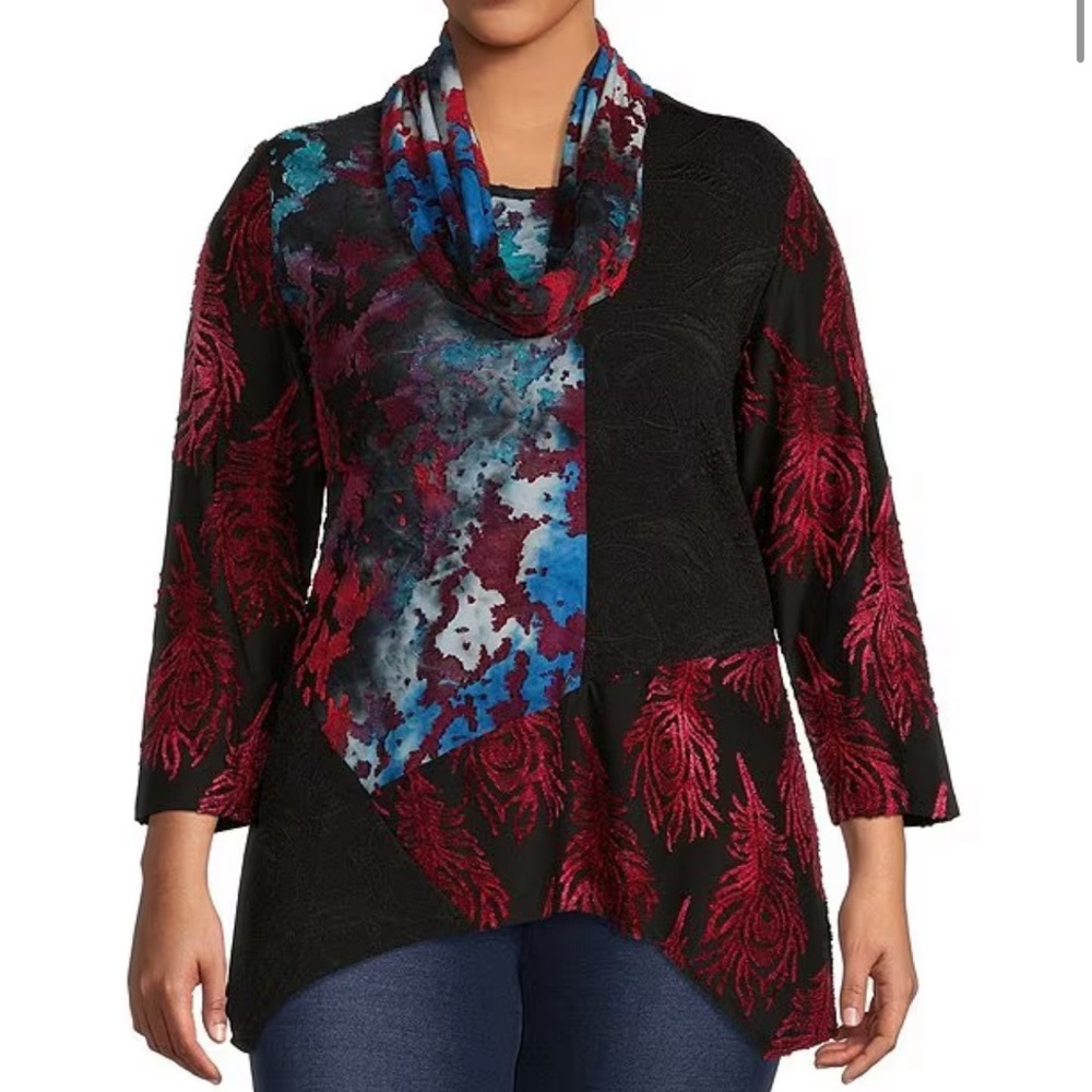 Calessa Patchwork Tie Dye Burnout Knit Cowl Neck 3/4 Sleeve Asymmetrical Tunic.